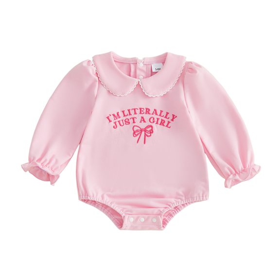 RUINIXCW Im Literally Just A Girl Shirt Newborn Baby Girl Hospital Going Home Outfit Baby Girls Spring Fall Winter Clothes Bubble Romper Letter Bowknot Long Sleeve Peter Pan Collar Bodysuit