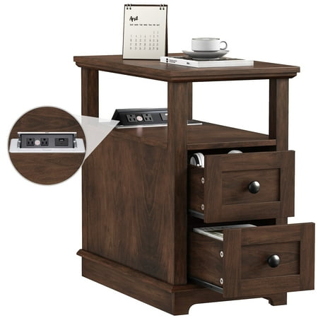 FAGAGA End Table for Living Room with 2 Drawers, Retro Sofa Side Table with Charging Station, Wooden Nightstand with Storage for Bedroom, Dorm, Office | Cherry
