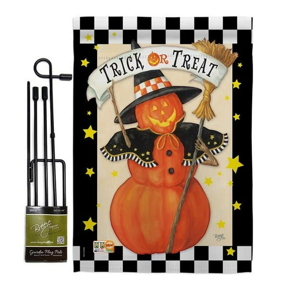 Breeze Decor BD-HO-GS-112070-IP-BO-D-US17-AM 13 x 18.5 in. Jack-O-Lantern Witch Fall Halloween Vertical Double Sided Mini Garden Flag Set with Banner Pole