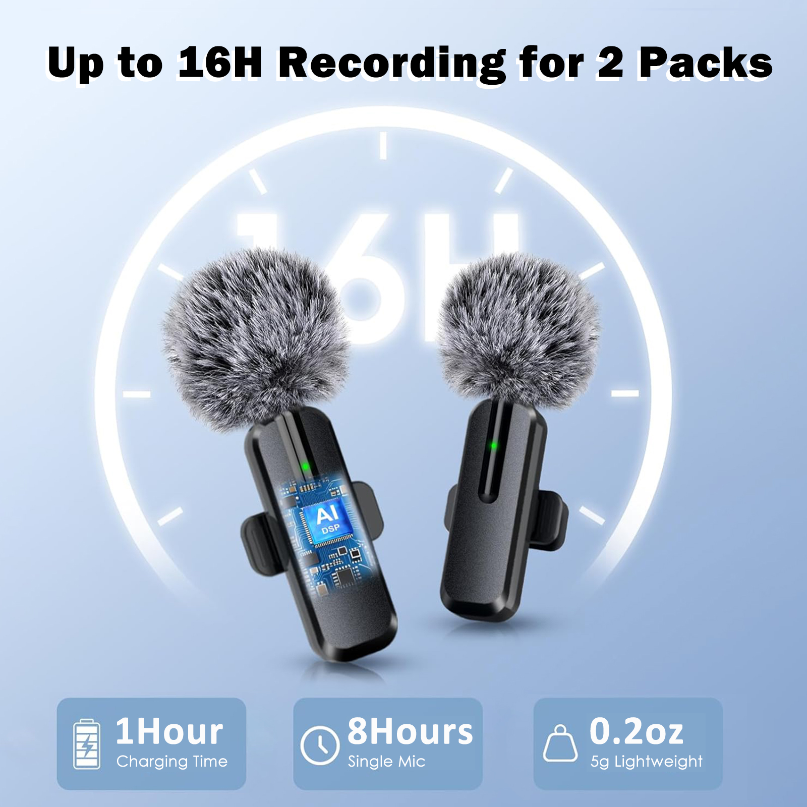 Wireless 2 Pack Clip-on Mini Microphone Compatible with iPhone iPad Android for Video Recording Tiktok Youtube Vlog Podcast, Black