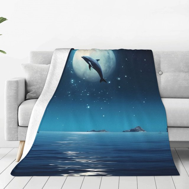 Fotbe Night Sky Moon Dolphin Manta de Franela Acolchonada con Estampado, Súper Suave y Esponjosa, Extra Grande para Sofá, Cama, Uso Todo el Año-40"x30"