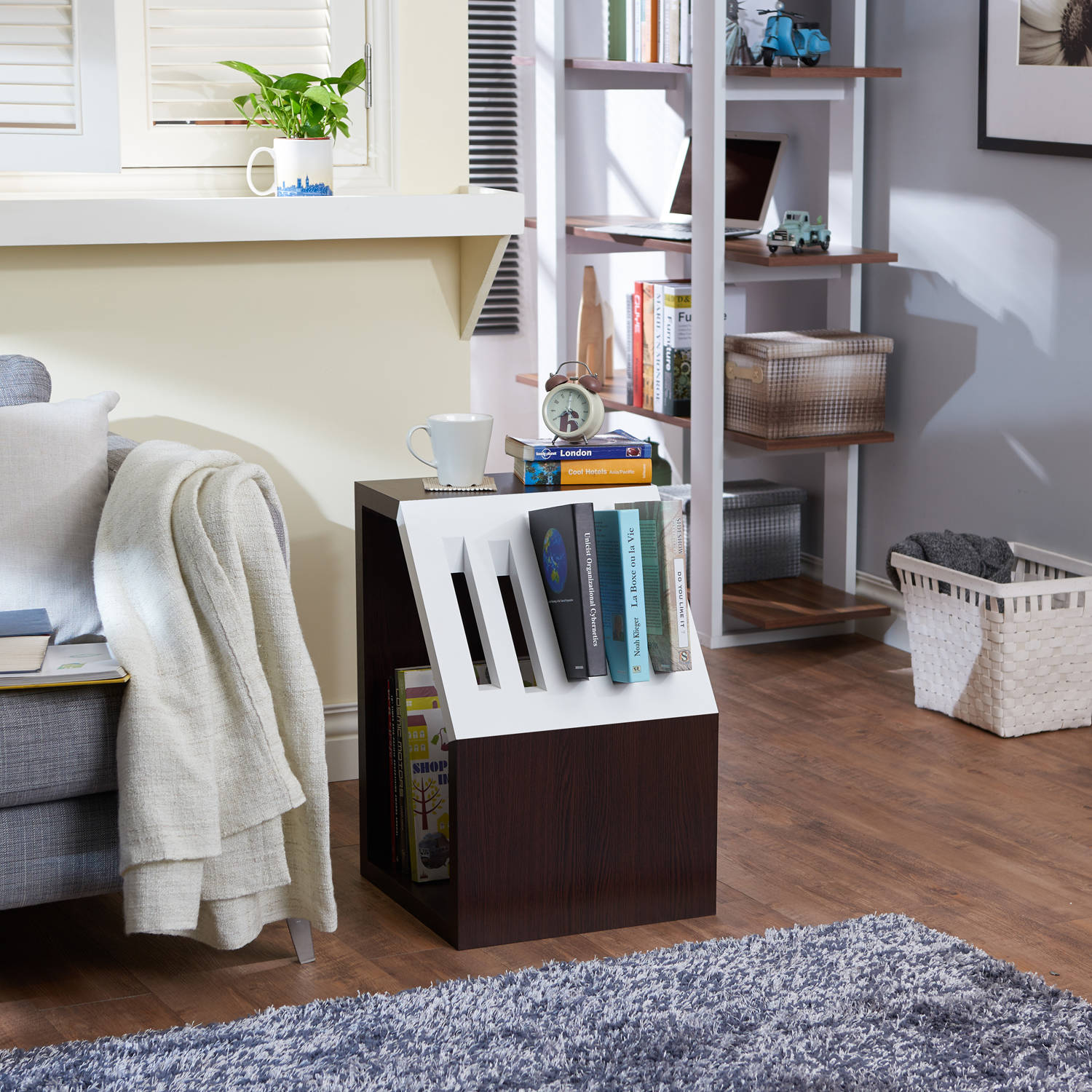 Furniture of America Two Tone End Table and Book Holder in White/Walnut Finish
