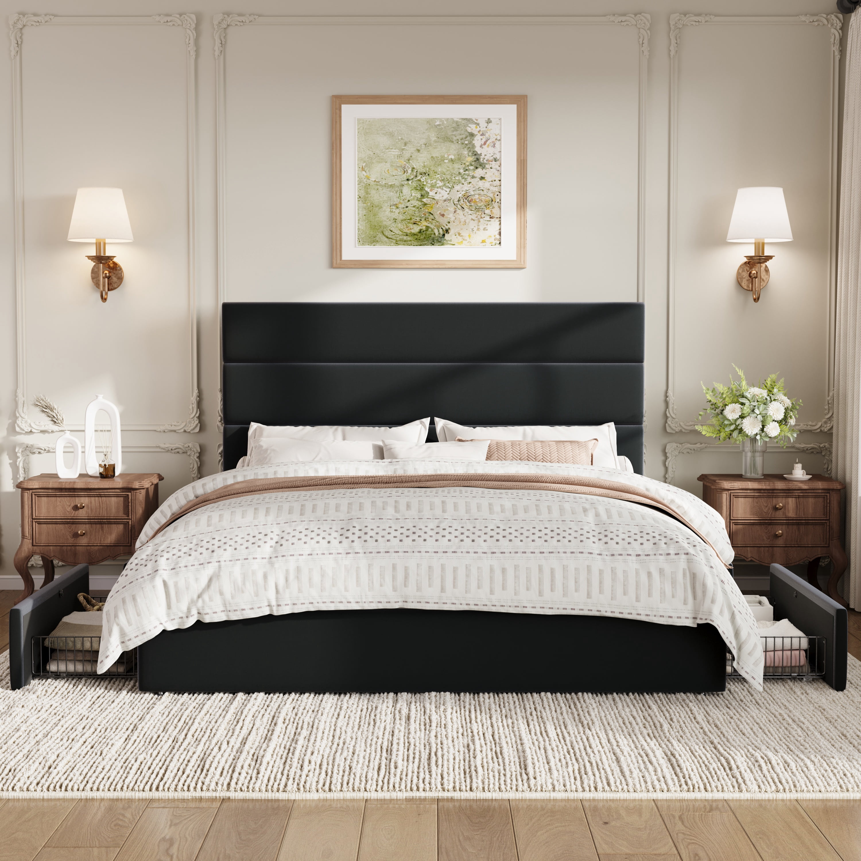 Sha Cerlin Full Size Platform Bed Frame with 4 Storage Drawers, Velvet Upholstered Headboard, Black