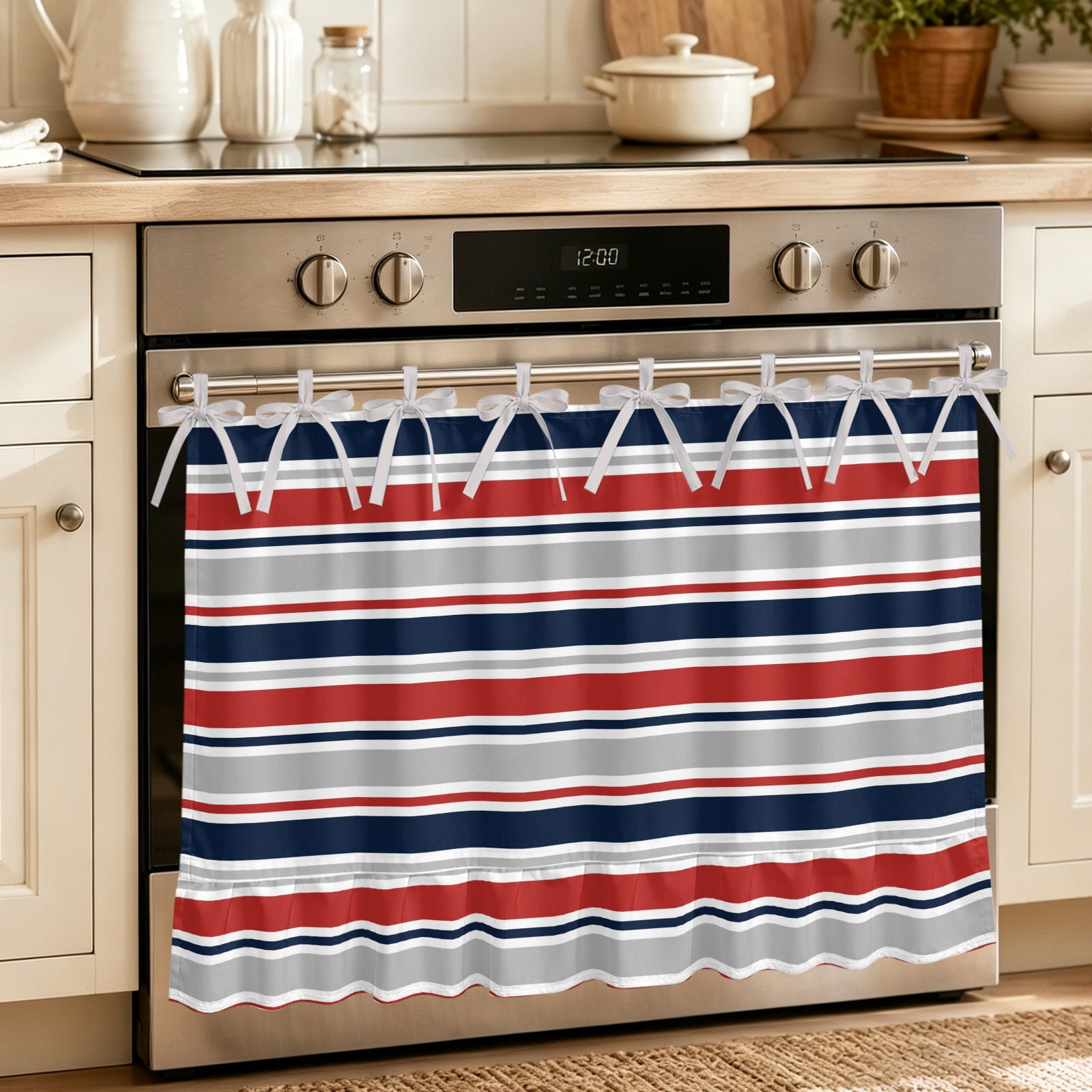Oven Curtain for Kitchen Modern Navy Blue Gray Red Stripe Stove Curtain With Ruffled Trim Dishwasher Curtains Abstract Minimalist Line Oven Skirt 30 x21.5