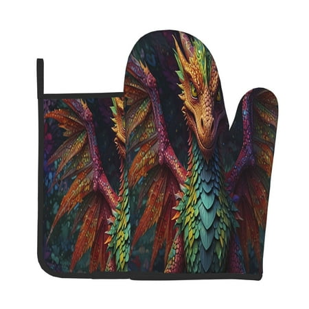 

Gaeub Whimsical Dragon Color Cool Print Oven Mitts and Pot Holders Sets of 2 Heat Resistant Pad Cooking Gloves for Baking BBQ Home Decor