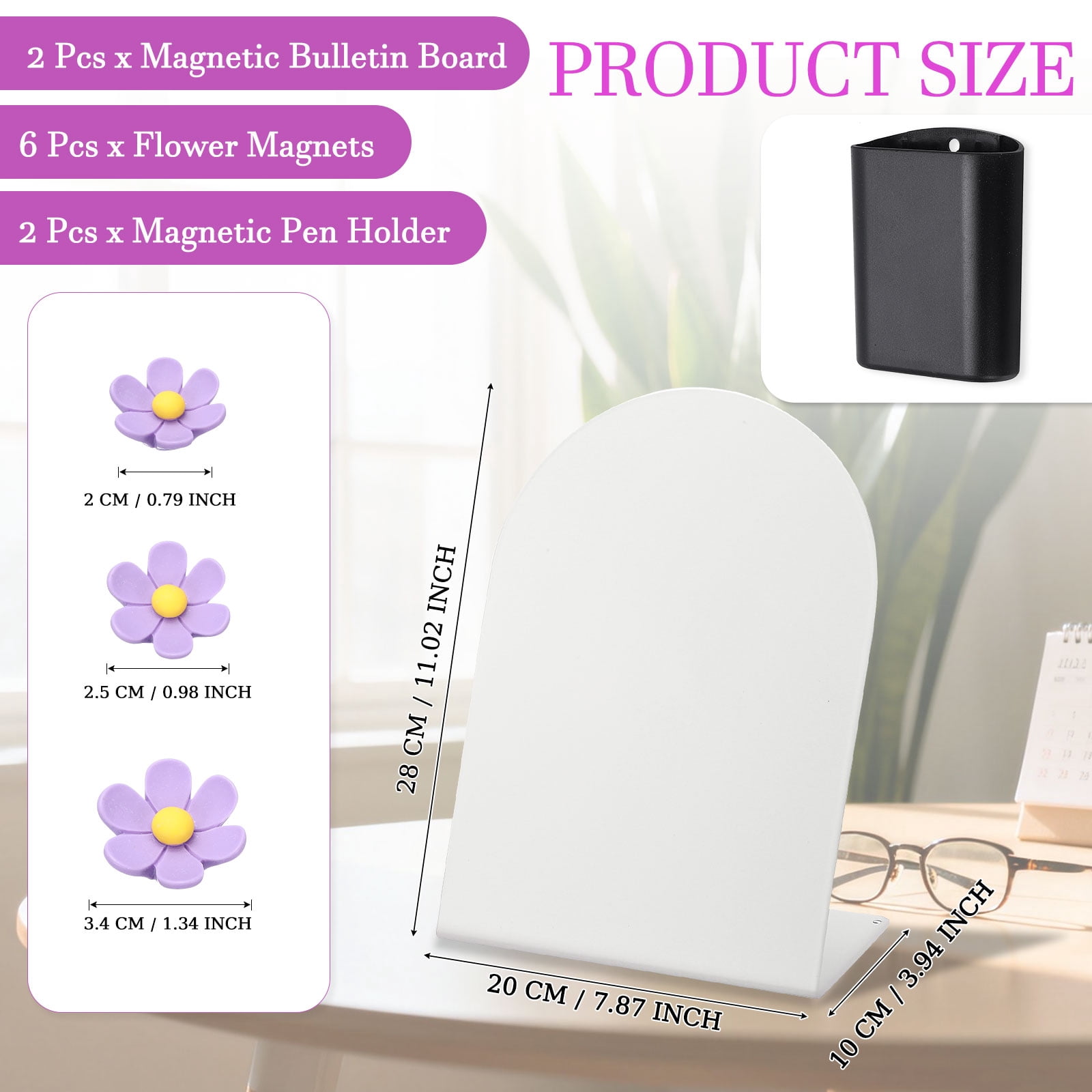 Uxcell 2 Pcs Magnetic Bulletin Board, Memo Magnet Display Stand Board with 6 Flower Magnets & Pen Holder for Home Office, White/Purple/Black