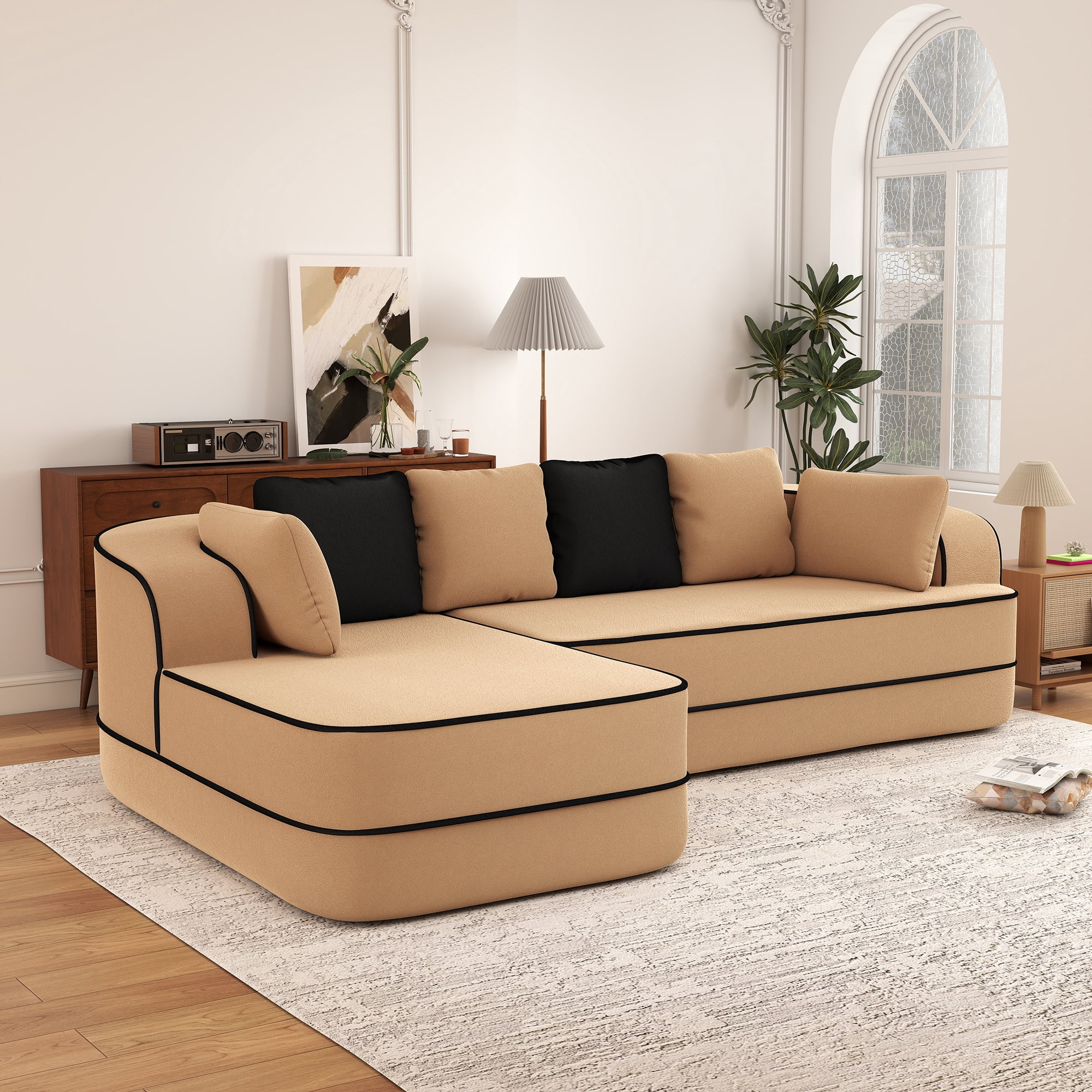 Aukfa 106" 2-Piece Modular Sectional Sofa for Living Room, Right Chaise, Plush Teddy Velvet, Camel
