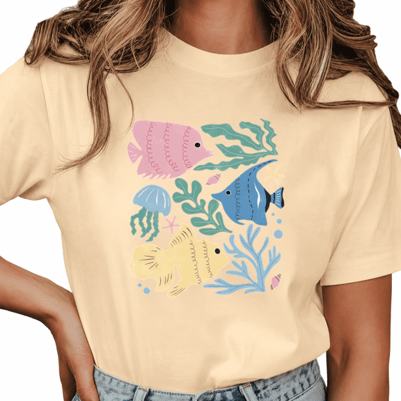 Giffimy Women's Apricot Cute Ocean Fish Graphic Short Sleeve T-Shirt Oversized Fit Top