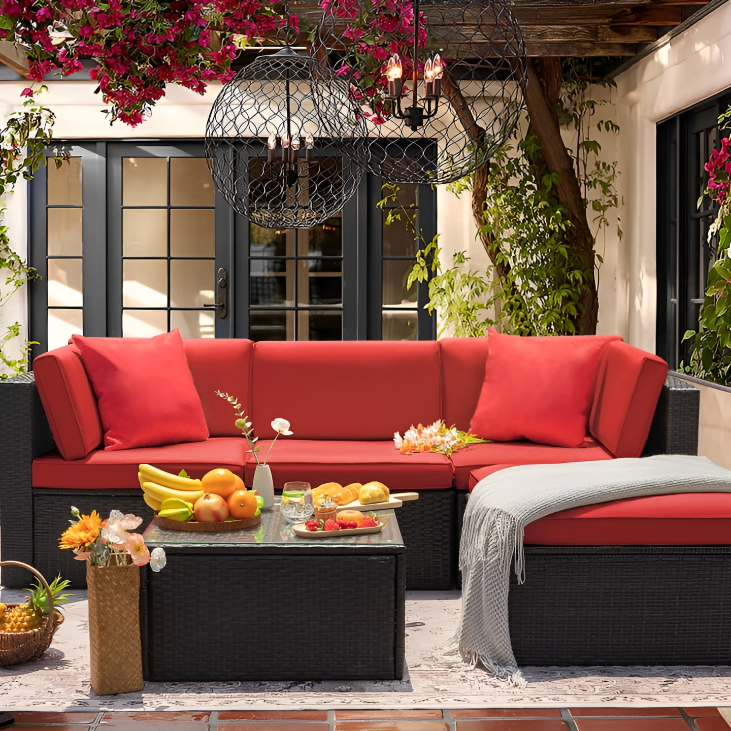 LACOO 5 Piece Sofa Furniture Patio Set PE Rattan Outdoor All Weather Wicker Conversation Set with Table Beige Walmart