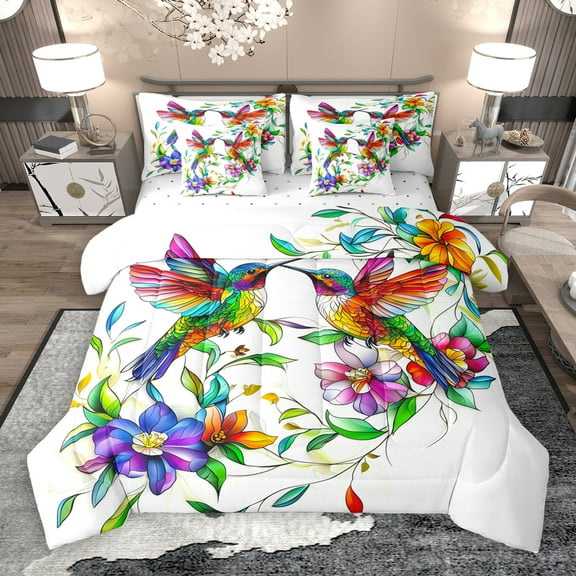 jejeloiu Colorful Hummingbird 7-Piece Twin Bedding Sets,Rustic Flower Bedding Comforter Set,Ancient Aesthetic Artwork Sheet Sets For Girl Teens,Breathable Home Decor