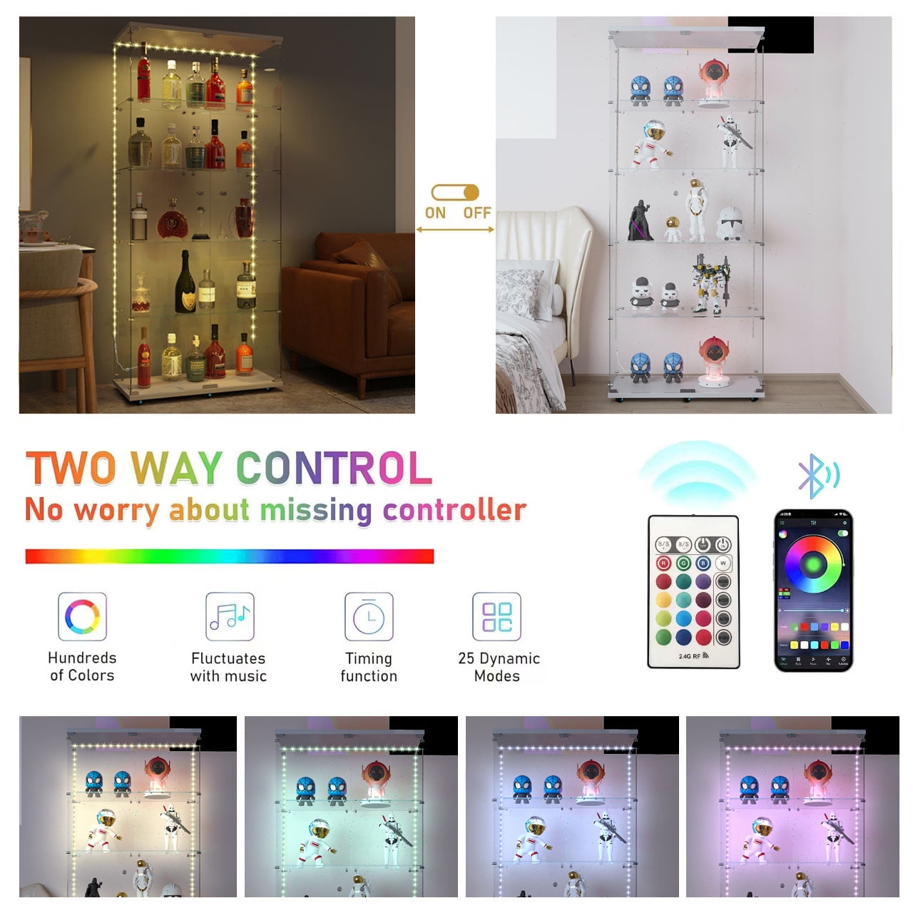 MAYEERTY 5 Tiers Glass Display Cabinet with Bluetooth LED Light Strip, Curio Storage Cabinet with 2 Door, White