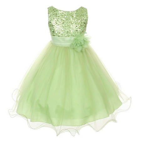 Kids Dream Baby Girls Lime Green Sequin Double Mesh Flower Dress 12M