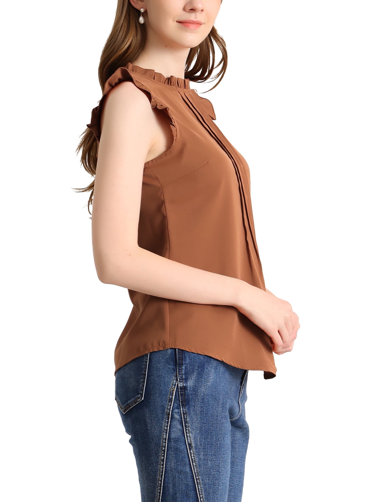 DARING DIVA Women's Ruffled Trim Pleated Plain Blouse Top M Brown