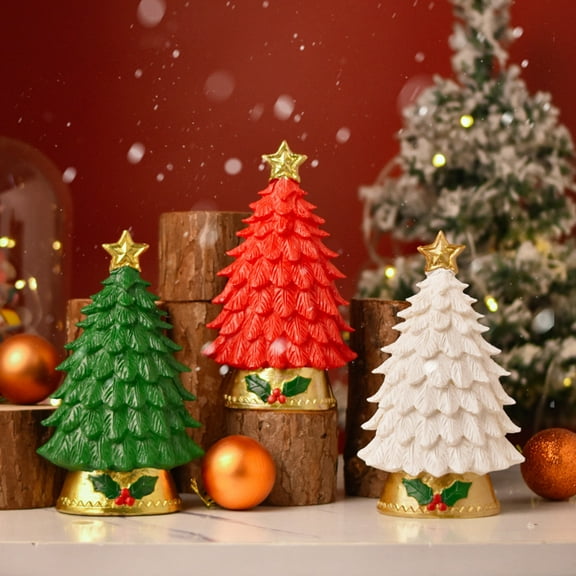 Christmas Tree with LED Lights and Figures, Resin Tree Sculpture for Desktop, Holiday Home Decor, Festive Seasonal Display,Green