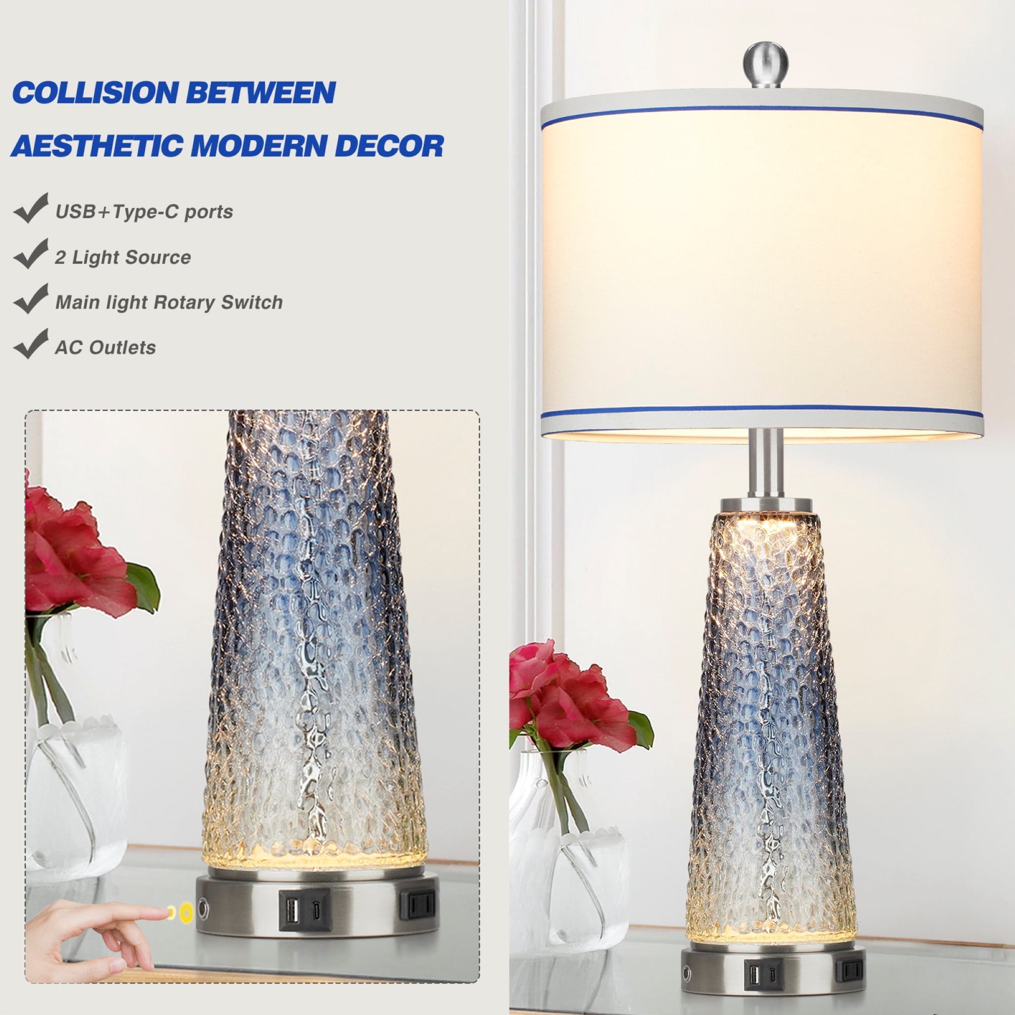 Cinkeda Glass Table Lamp Set of 2 with Nightlight USB A+C Ports AC Outlet Modern Gradient Blue Nightstand Bedside Lamps for Bedroom Living Room