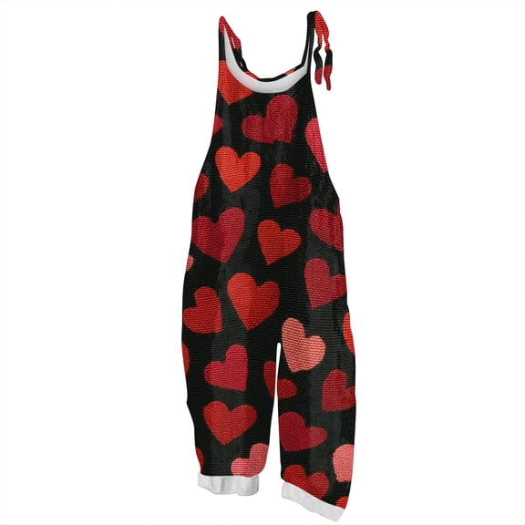 Women's Valentine's Day Print Suspender Jumpsuit - Casual Loose Retro Cotton Linen One-Piece, Black Size L