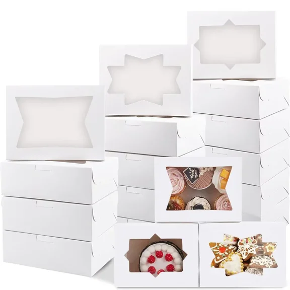 3 Style Cookie Boxes with Window, 18Pcs Bakery Boxes Pastry Containers for Chocolate Covered Strawberries, Candy, Muffins, Donuts（8x6x2.5in）