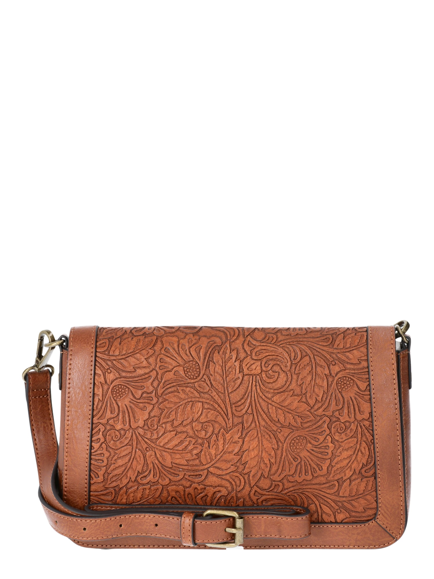 The Pioneer Woman Faux Leather Tooled Flap Crossbody Bag, Cognac