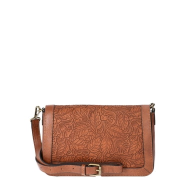 The Pioneer Woman Faux Leather Tooled Flap Crossbody Bag, Cognac