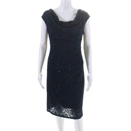 

Apricot Womens Draped Neckline Sequin Lace Overlay Dress Navy Blue Size EU Small