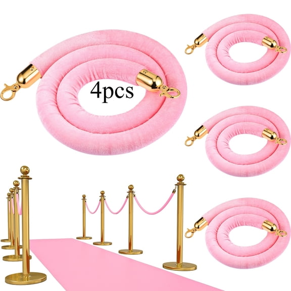 4Pcs 5 Feet Pink Velvet Rope Barrier with Golden Clasps, Stanchion Rope, Suitable for Party, Hotels, Wedding, Movie Theaters, Grand Openings Crowd Control Supplies