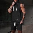 thumbnail image 2 of FRSASU Men's Jacquard Knitted 2 Piece Outfits Summer Hooded Sleeveless Tank and Drawstring Casual Track Shorts Set with Pockets Black, 2 of 9