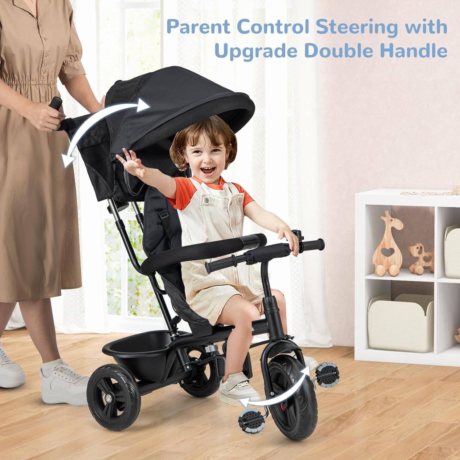INFANS Kids Tricycle 6 in 1 Baby Trike Toddler Bike with Reversible Seat Adjustable Push Handle Control Direction Removable Canopy Safety Harness Belt Storage 9 60 Months Walmart