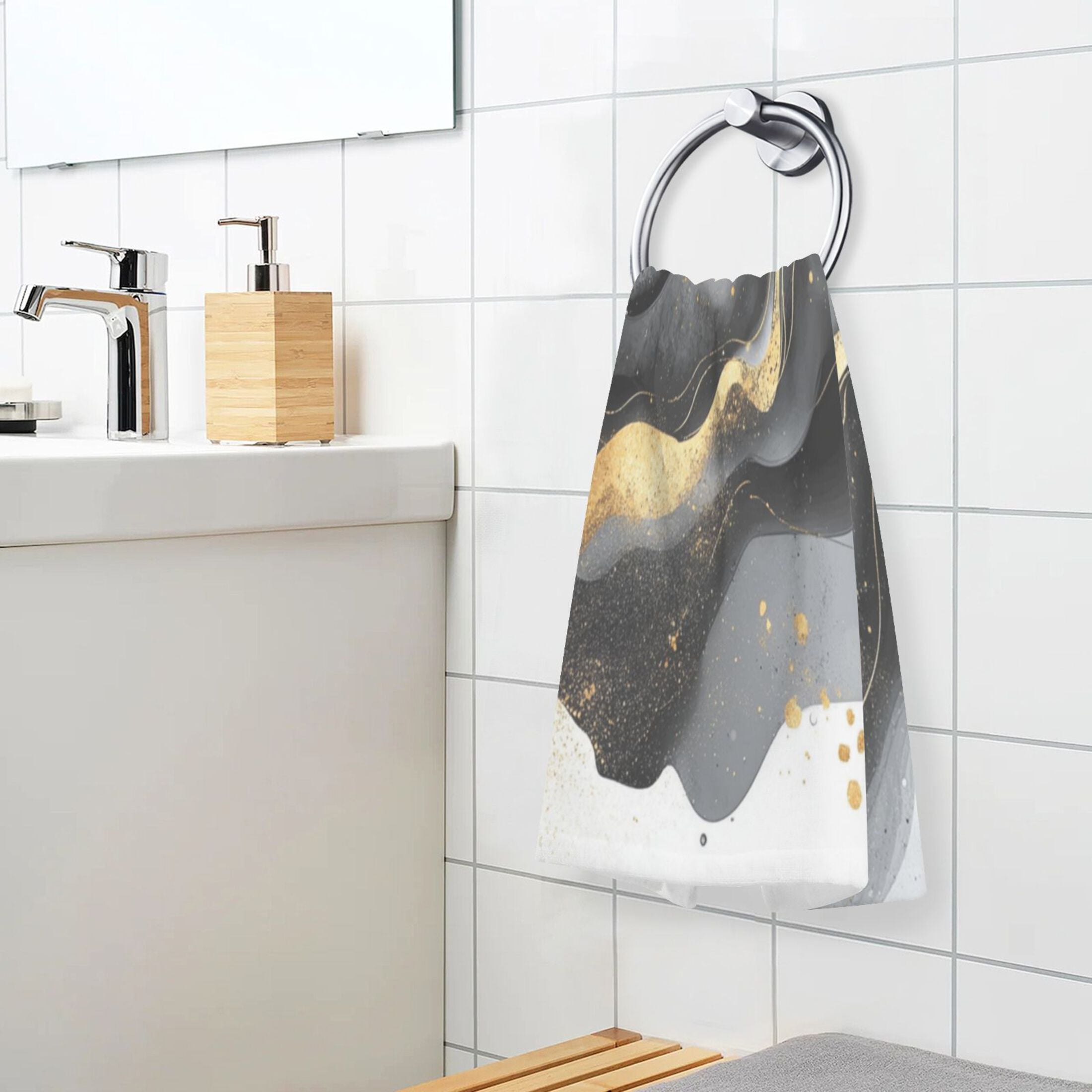 2 Pcs Absorbent Face Towel Bath Hand Towels Soft Breathable Cotton Towel Set for Bathroom Kitchen Hotel Spa Decor Black and Gold Shapes