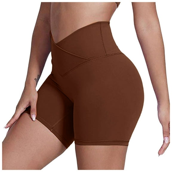 vigerkar Cloud Feeling Cross Waist Yoga Shorts with Pockets for Women, Crossover High Waist Lounge Biker Shorts Brown, S