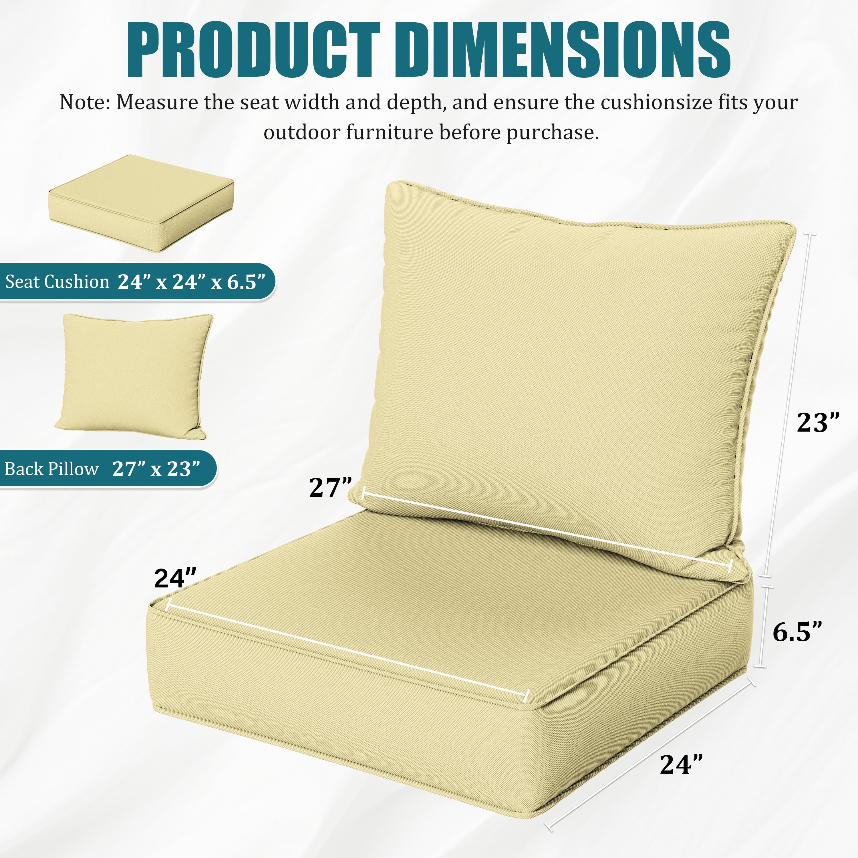 Kimunuk Outdoor Deep Seat Cushion Set, 24" x 24" x 6.5" Patio Furniture Chair Cushions Replacement for Sofa Couch, Creamy Yellow