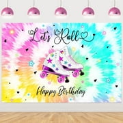 Let'sRoll Happy Birthday Decoration Backdrop Tie Dye Skating Birthday Decoration Let's Roll Happy Birthday Backdrop Banner Rainbow Glow Party Decors for 80s 90s Birthday Roller Skating Party Supplies