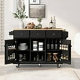 thumbnail image 1 of Chariot de Cuisine avec Comptoir Rabattable en Bois de Caoutchouc, Étagères de Rangement Internes pour Porte d'Armoire, Îlot de Cuisine Roulant sur 5 Roues avec Tablettes Ajustables et 3 Tiroirs pour Salle à Manger, Noir, 1 of 16