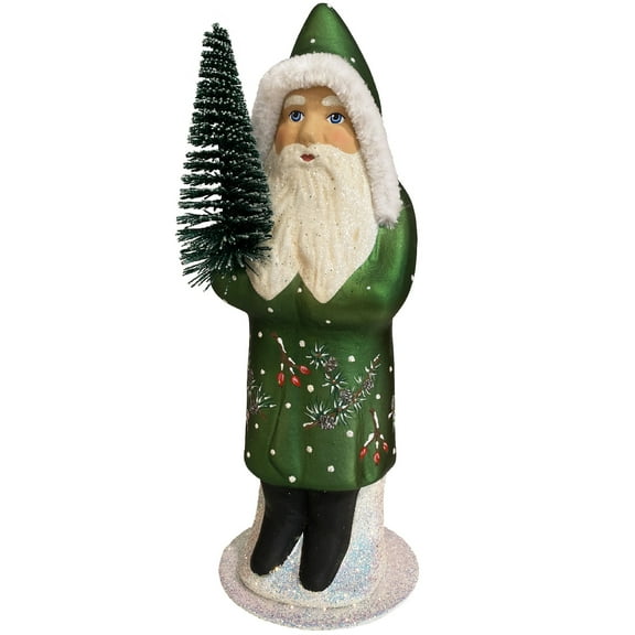 Alexander Taron 10.5” Paper Mache Santa in Matte Green Coat Christmas Candy Container