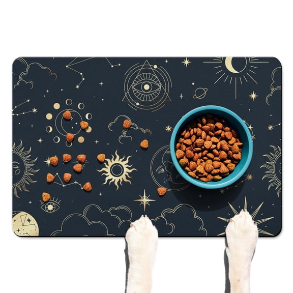 Witchy Aesthetic Dog Mat - Spiritual and Cosmic Pet Feeding Mat with Sun and Moon Print, Waterproof and Absorbent Mat for Bowls