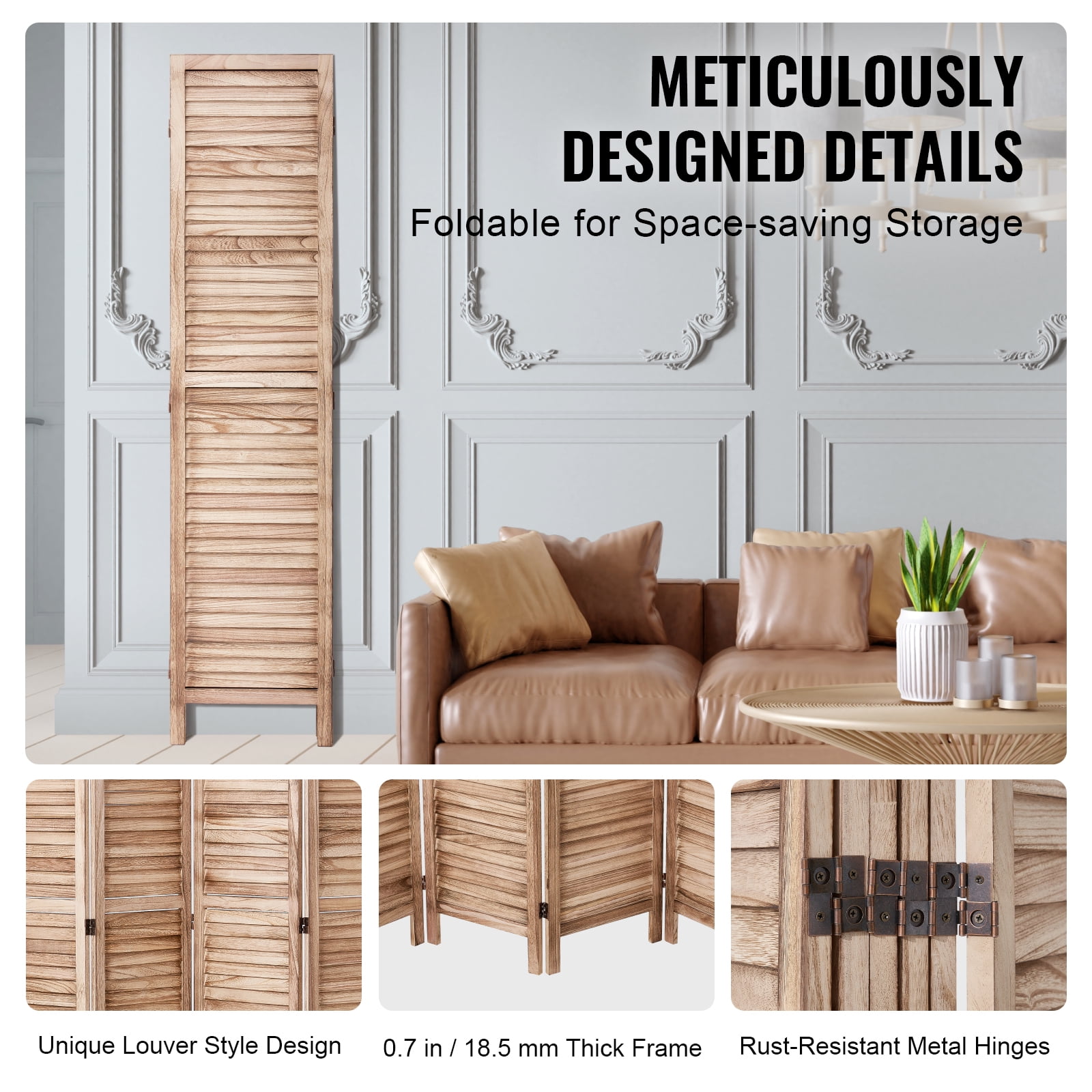 VEVOR Wood Room Divider, 6 Panel Wood Folding Privacy Screen, 66.9 Inches&nbsp;Tall Indoor Louvered Partition Divider,Portable Decoration Screen,for Room Separation,&nbsp;Office