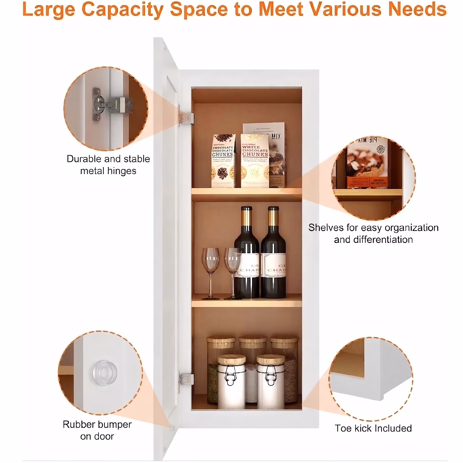 thumbnail image 4 of 30"H White Shaker Single Door Kitchen Wall Cabinet, Premium Plywood Storage for Kitchen, Bathroom & Laundry Room, 4 of 6