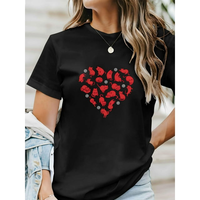 Women'S Valentine Heart of Cats T-Shirt, Casual Crew Neck, Polyester 95% Spandex 5%, Slight Stretch, Knit Fabric, 180g/m², Summer Short Sleeve Top with Printed Design Tee For Adult, Men, Women, Teen,