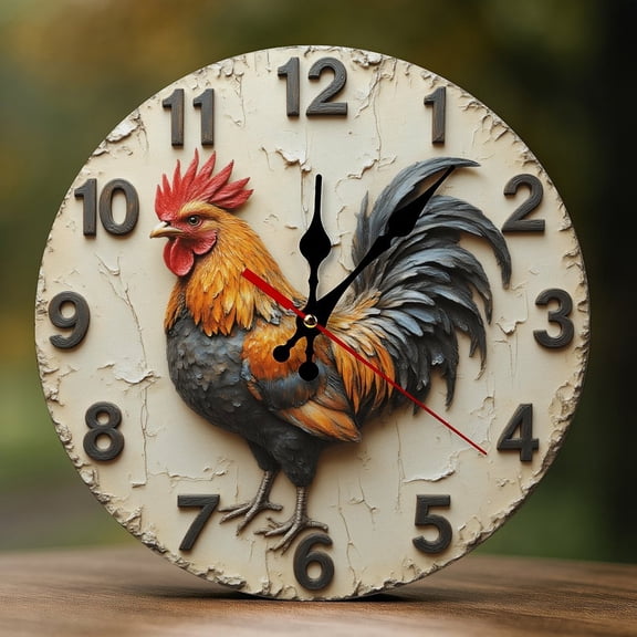 Wall Clock Decorative - Rustic Colorful Rooster-A Print 2D Vintage Wall Clocks Battery Operated Silent Non-Ticking for Bedroom, Living Room, Kitchen, Office, Classroom, 10 Inch