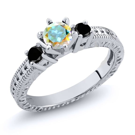 Gem Stone King 0.75 Ct Round Mercury Mist Mystic Topaz Black Diamond 925 Sterling Silver Ring (Size 6)