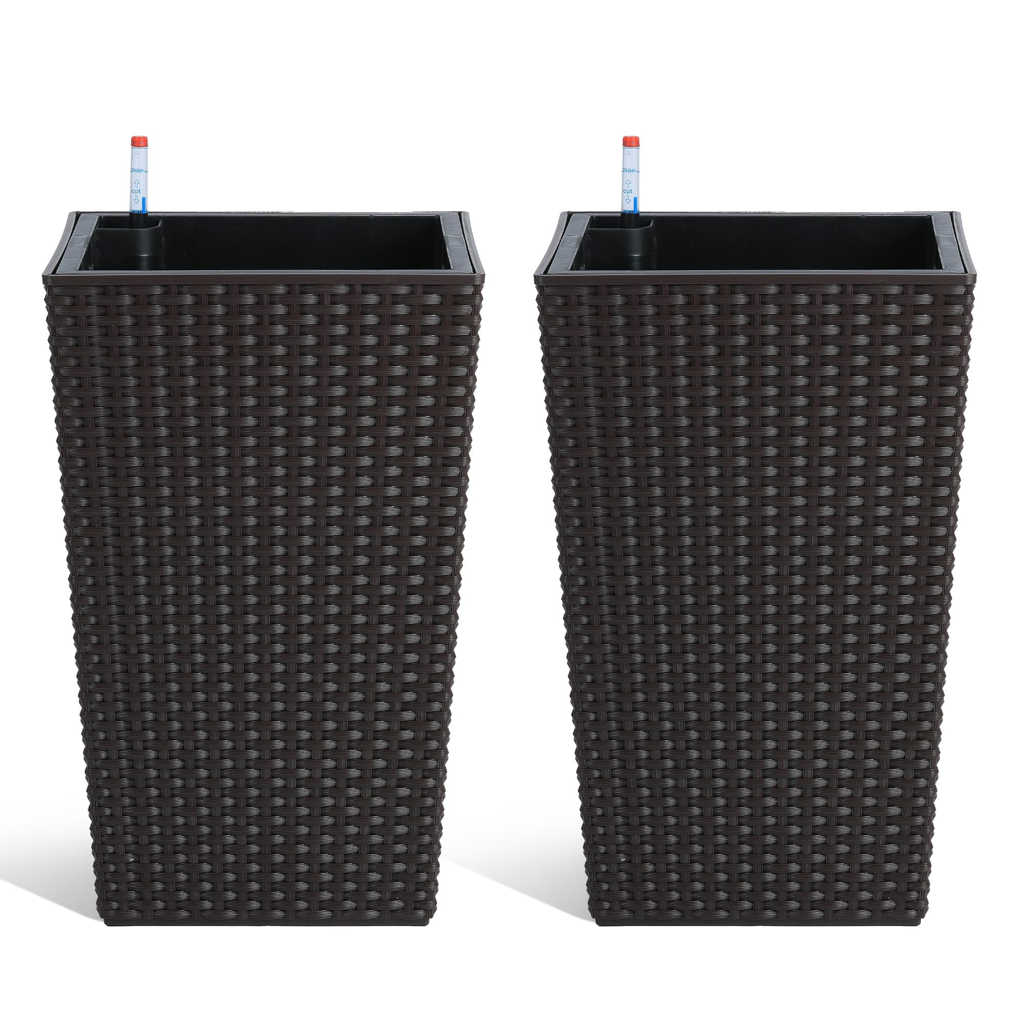 Tall Planters with Rattan Texture, Set of 2, Indoor/Outdoor Decorative Flower Pots with Water Level Monitor, Detachable Inner Pot & Drainage Holes for Large Plants, Trees, Patio, and Garden