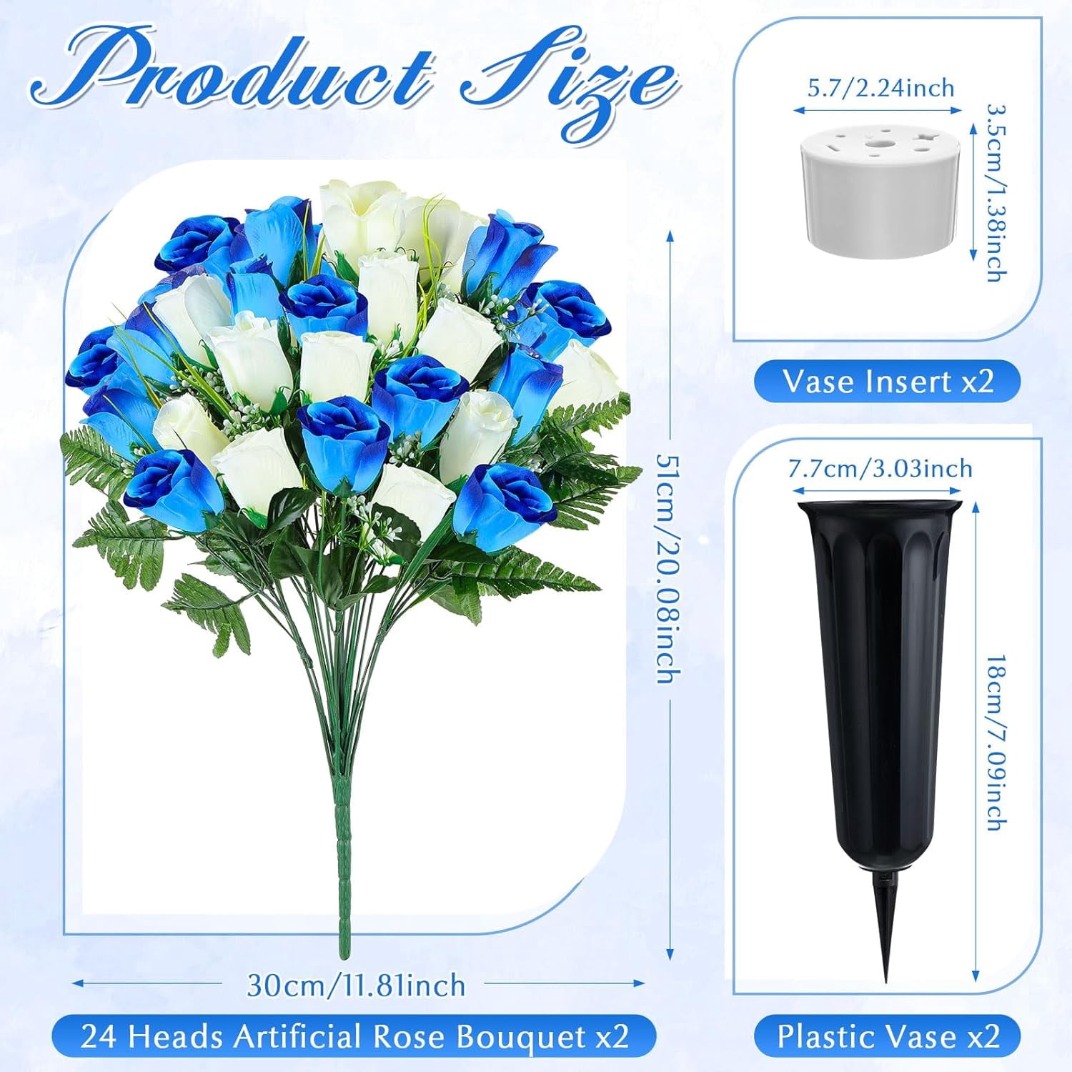 2 Pack Spring Easter Cemetery Flowers with Grave Vase 48 Heads Memorial Day Artificial Rose Fake Silk Flower Bouquet Easter Grave Flowers for Cemetery Graveside(Yellow)