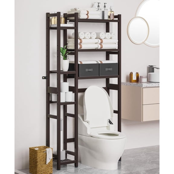 Over The Toilet Storage with Basket and Drawer, Bamboo Bathroom Organizer with Adjustable Shelf & Waterproof Feet Pad, Space Saver Rack for Restroom, Laundry, Brown