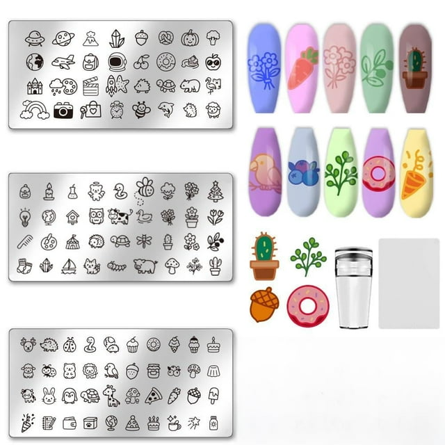 Kit de estampado de uñas con diseño de dibujos animados, incluye sello de silicona y raspador. Diseño vintage de jardín con flores y perros. Herramienta para decoración de uñas.