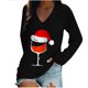 thumbnail image 1 of Moda mujer Casual cuello en V Navidad impreso manga larga camiseta blusa Tops Pompotops gfhjh20753, 1 of 4