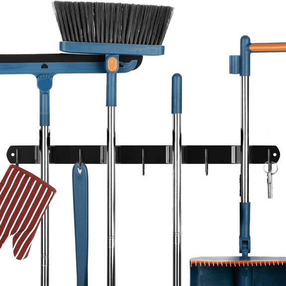 GYTF Black Mop and Broom Holder Wall Mount,4 Racks and 5 Hooks Broom Hanger Mop Organizer Storage,Tool Racks Stainless Steel Heavy Duty Utility Hooks for Home,Kitchen,Garden,Laundry,Garage, Closet
