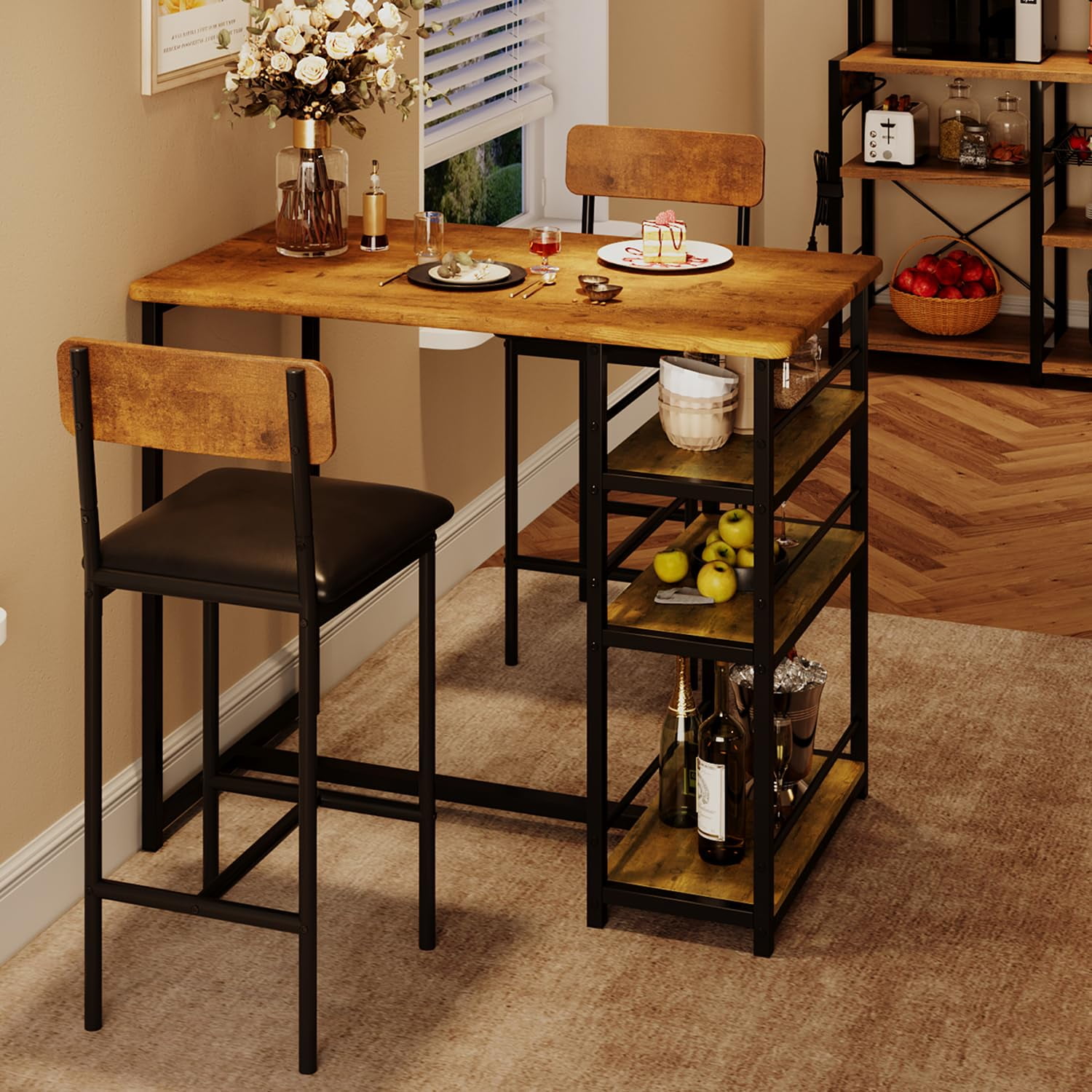 Ataucjin Dining Table Set For 2 Bar Table And Chairs Set With Storage Shelves Wine Rack 2 Upholstered Cushion Bar Stools 3 Piece Counter Height Pub Table Set For Small Space Apartment
