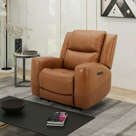 Roundhill Furniture Cozura Leather Power Recliner, Silverado Butternut