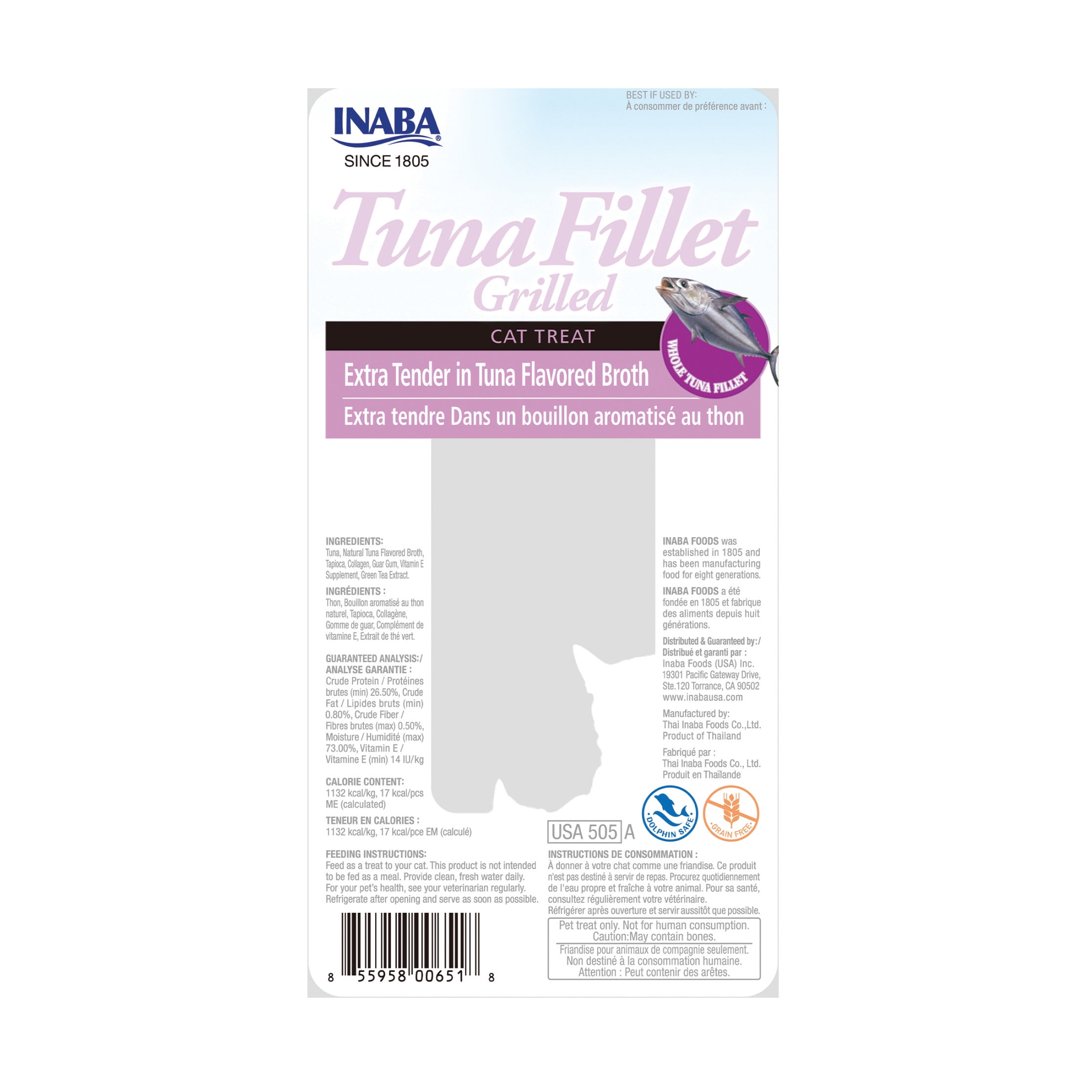 INABA Premium Hand-Cut Grilled Tuna Fillet Cat Treats w Vitamin E, 0.52 oz, 6-Pack, Xtr Tender Tuna