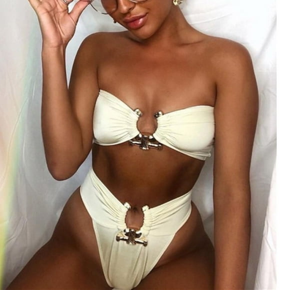 DondPO Bikini Sets for Women Bathing Suit Swimsuit Biquini Bandeau Female Bather Swimwear Sexy Ruffles High Suit Beachwear Solid Bathing Cut Swimwears Two Piece Swimsuit Micro Bikini Beige M