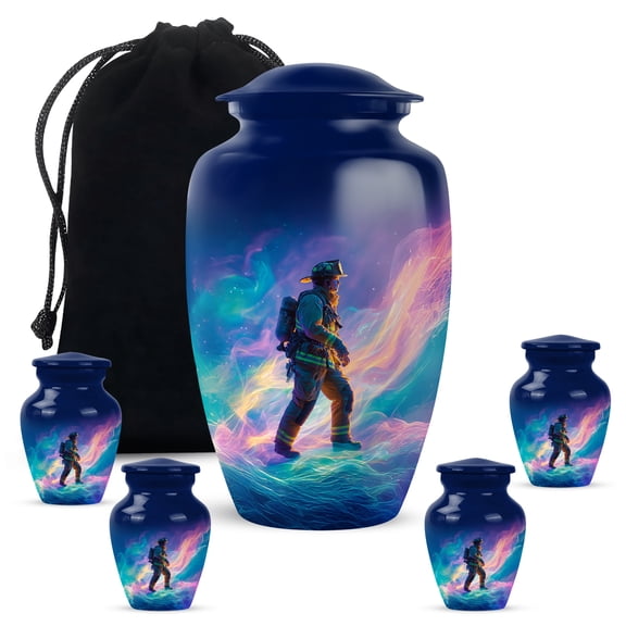 Fire Fighter Urn For Human Ashes Adult Female, 1 Large & 4 Keepsake Small Cremation Urns For Human Ashes, Funeral Urns For Adult Man And Women, Blue Urn For Mother And Father, 10&3 Inch